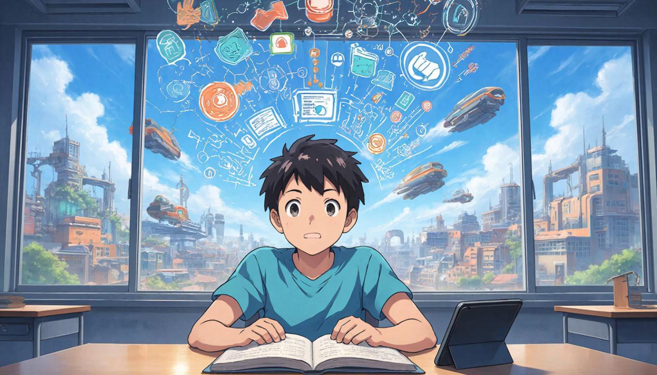 Мальчик за партой с книгой и планшетом на фоне футуристического города. Метафора обучения в Good School: совмещаем фундаментальные знания по математике с навыками программирования для будущего.