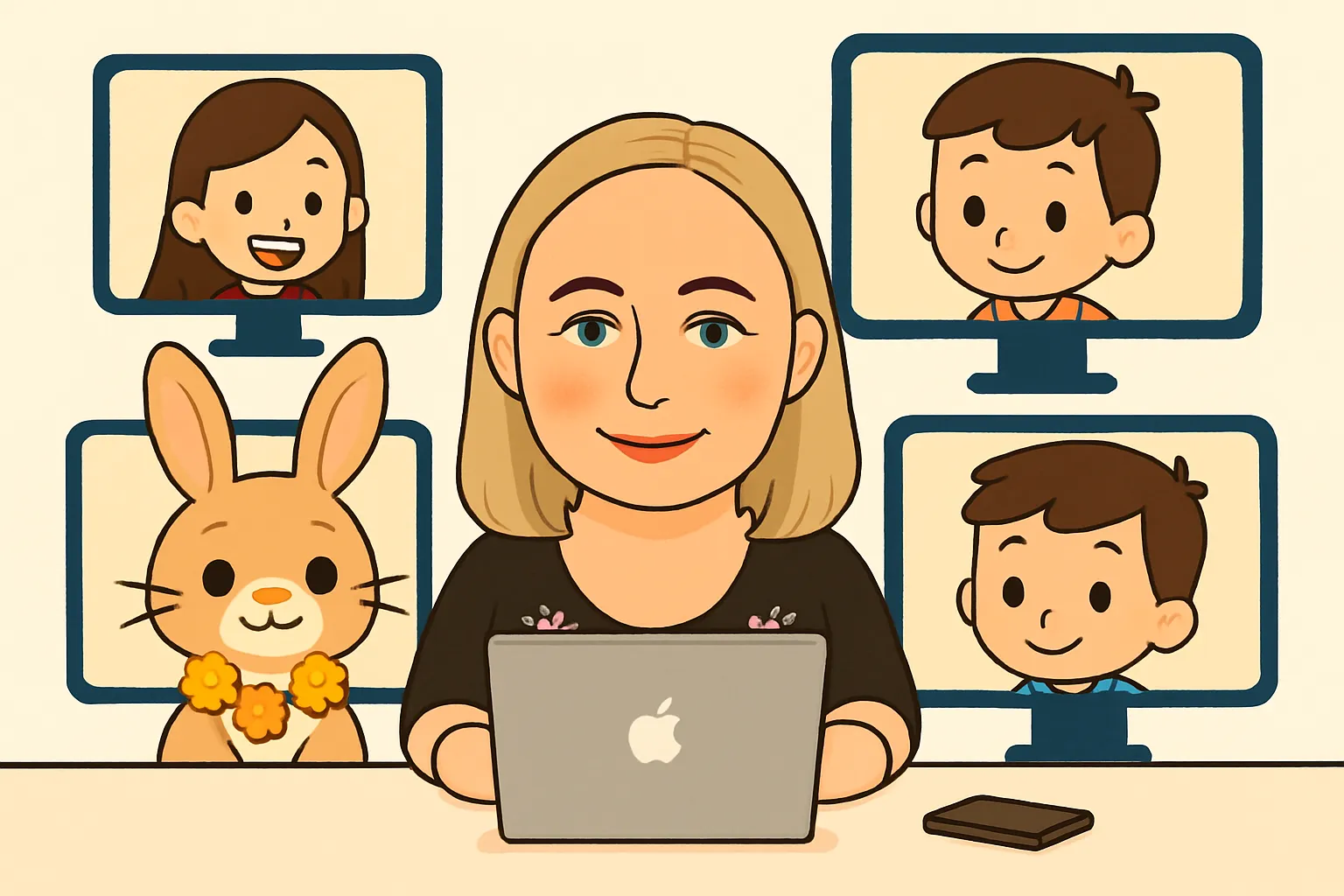 Интерактивное онлайн-занятие в мини-группе. Учительница объясняет материал, а ученики на своих экранах участвуют в уроке. Современный формат обучения в команде единомышленников.