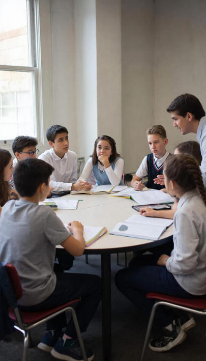 Преподаватель объясняет задание небольшой группе учеников за круглым столом. Иллюстрация занятий в мини-группах (2-4 человека) в Good School: живое обсуждение, командная работа по математике и программированию и экономия до 30%.